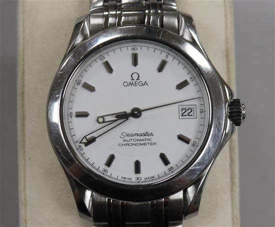 A gentlemans stainless steel Omega Seamaster Automatic Chronometer wrist watch, with Omega box.